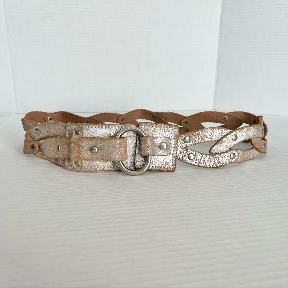 Metallic Distressed Leather Link O-Ring Braided Grommet Belt L Boho Y2K Festival